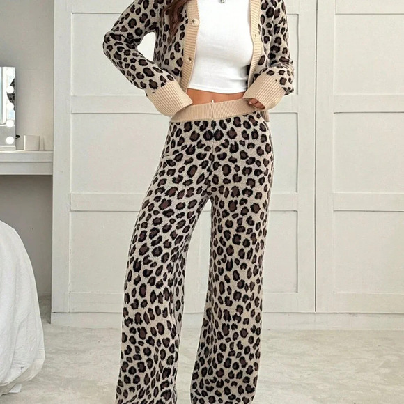 Multicolor Casual Women's Knit Sweater & Wide Leg Leopard Print Pants Set - Picture 3 of 7